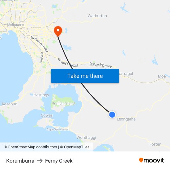 Korumburra to Ferny Creek map