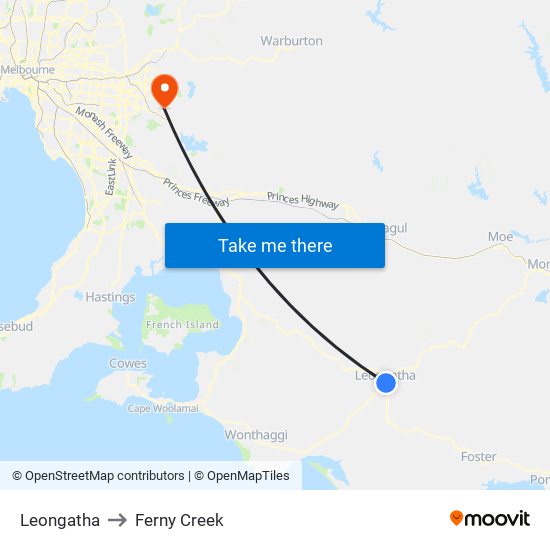 Leongatha to Ferny Creek map