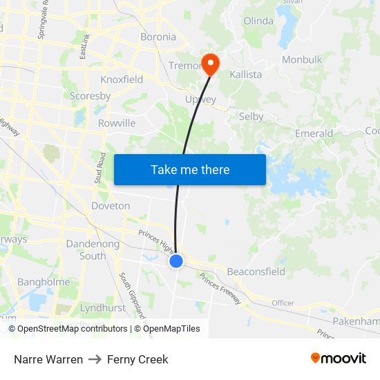 Narre Warren to Ferny Creek map