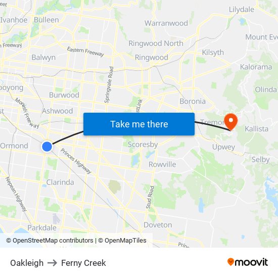 Oakleigh to Ferny Creek map