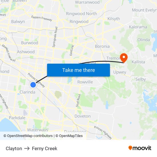 Clayton to Ferny Creek map