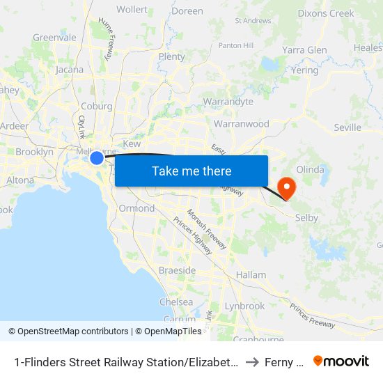 1-Flinders Street Railway Station/Elizabeth St (Melbourne City) to Ferny Creek map