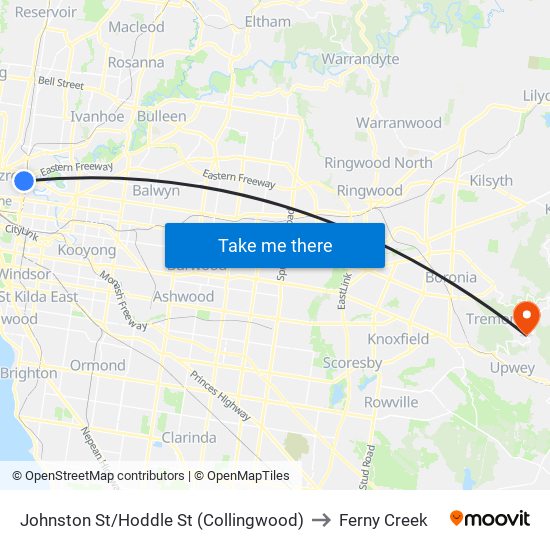 Johnston St/Hoddle St (Collingwood) to Ferny Creek map