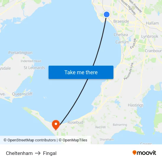 Cheltenham to Fingal map