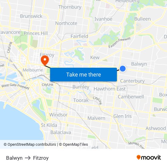 Balwyn to Fitzroy map