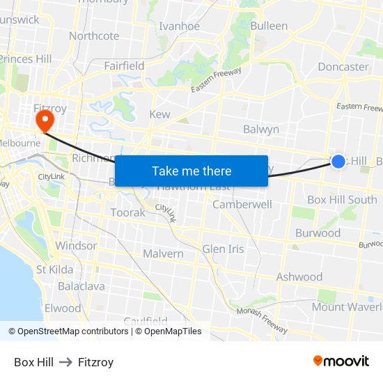 Box Hill to Fitzroy map