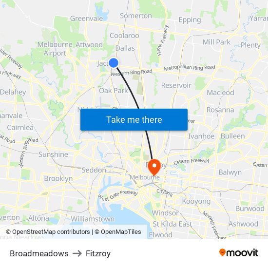 Broadmeadows to Fitzroy map