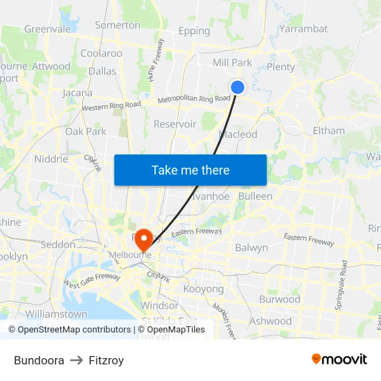 Bundoora to Fitzroy map