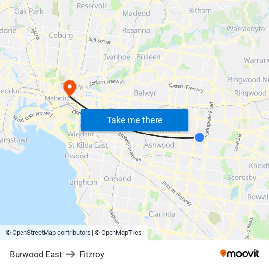 Burwood East to Fitzroy map