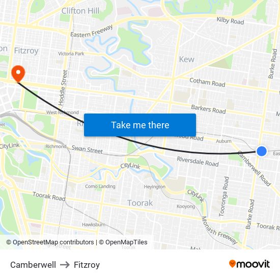 Camberwell to Fitzroy map