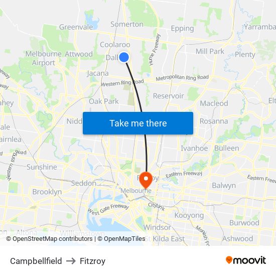 Campbellfield to Fitzroy map