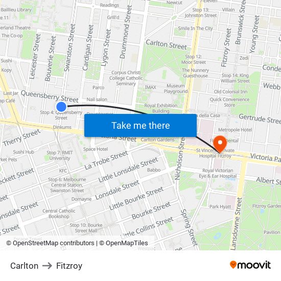 Carlton to Fitzroy map