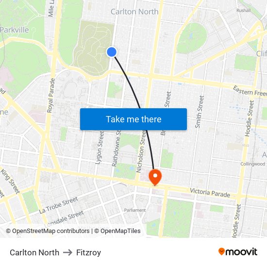 Carlton North to Fitzroy map