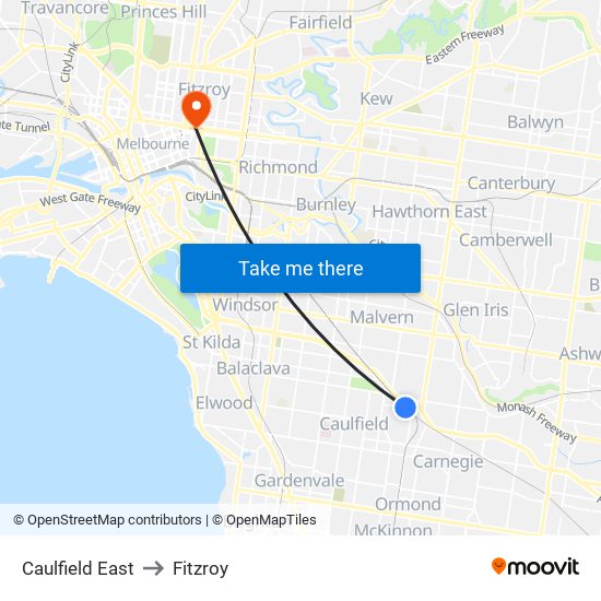 Caulfield East to Fitzroy map