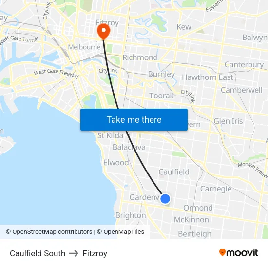 Caulfield South to Fitzroy map