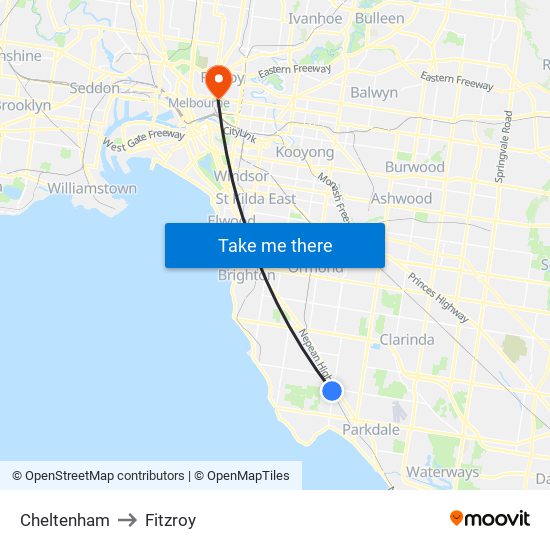 Cheltenham to Fitzroy map