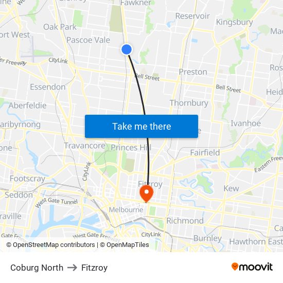 Coburg North to Fitzroy map