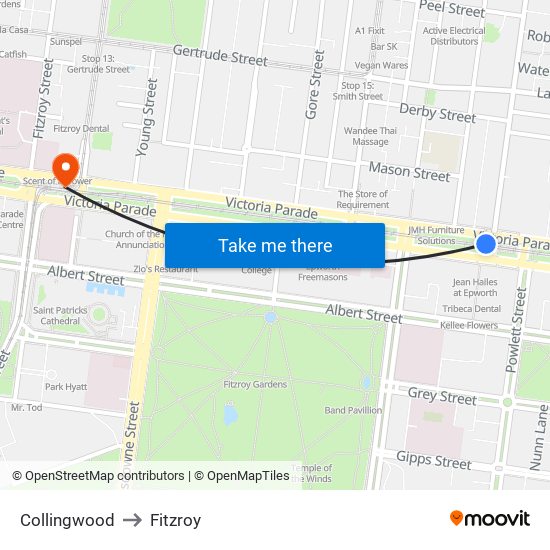 Collingwood to Fitzroy map