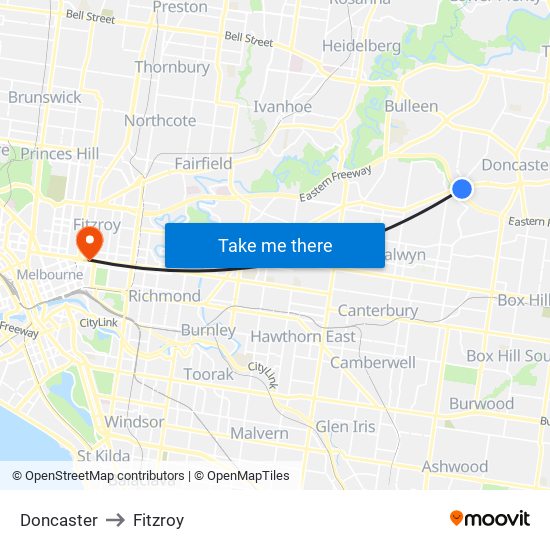 Doncaster to Fitzroy map