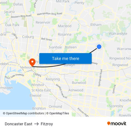 Doncaster East to Fitzroy map