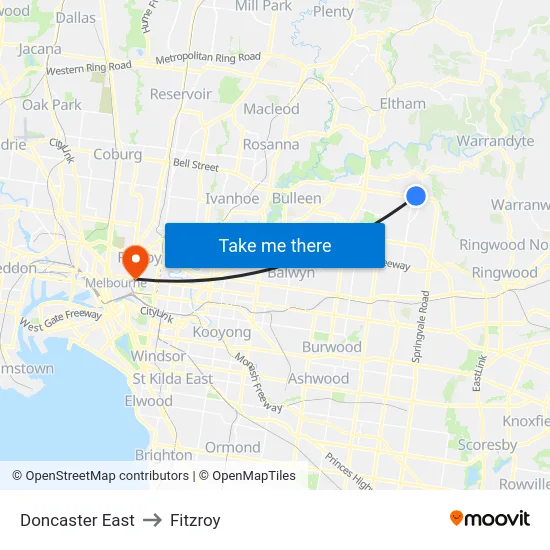Doncaster East to Fitzroy map