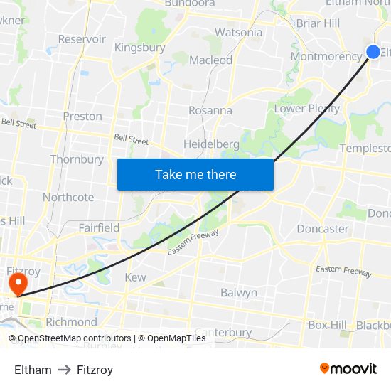 Eltham to Fitzroy map
