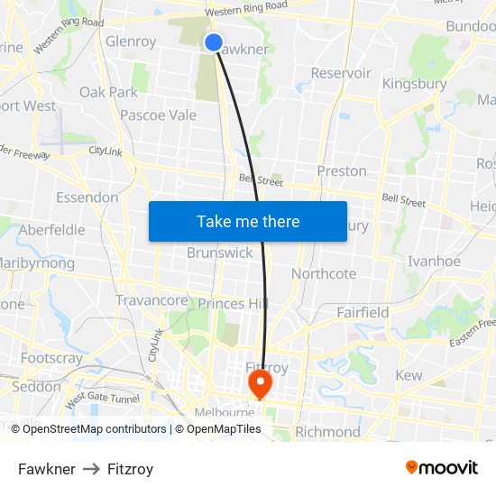 Fawkner to Fitzroy map