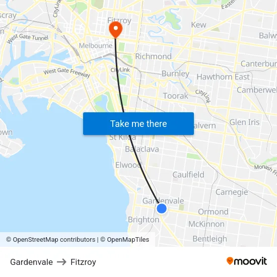 Gardenvale to Fitzroy map