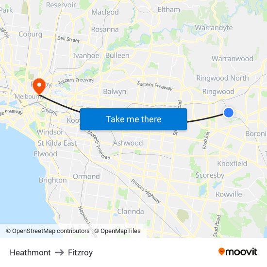 Heathmont to Fitzroy map