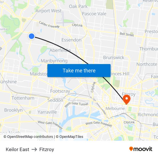 Keilor East to Fitzroy map