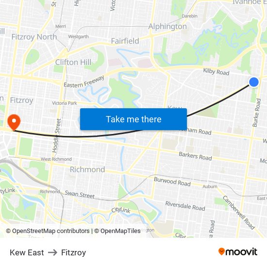 Kew East to Fitzroy map