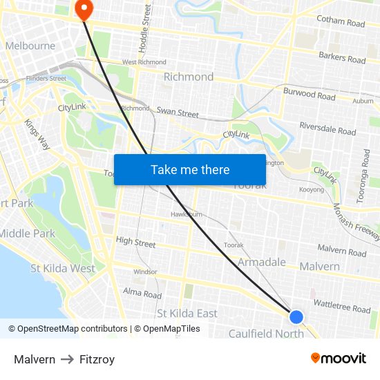 Malvern to Fitzroy map