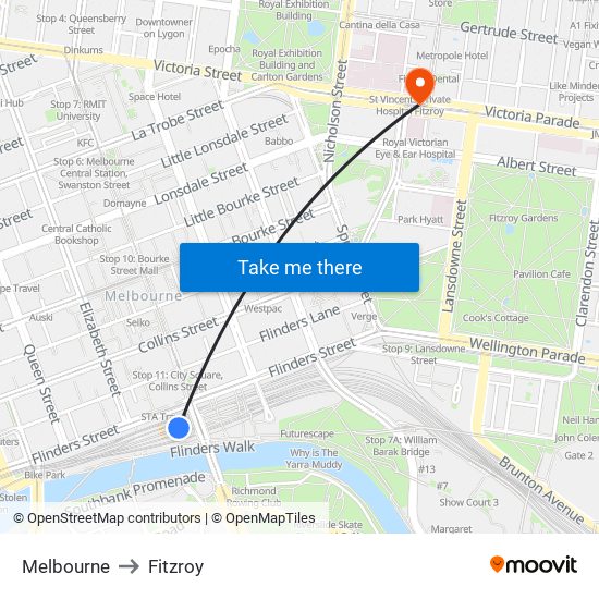 Melbourne to Fitzroy map