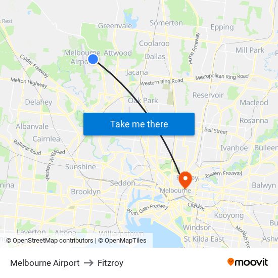 Melbourne Airport to Fitzroy map