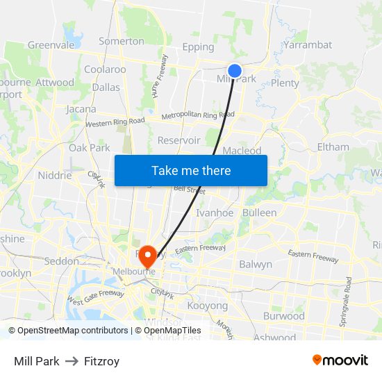 Mill Park to Fitzroy map