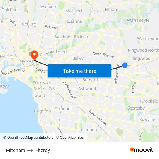 Mitcham to Fitzroy map