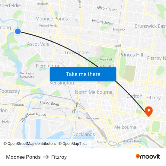 Moonee Ponds to Fitzroy map