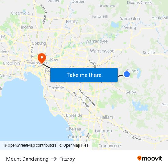 Mount Dandenong to Fitzroy map