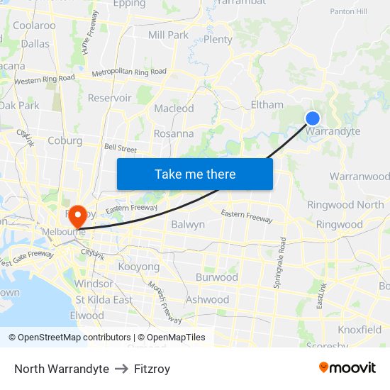 North Warrandyte to Fitzroy map