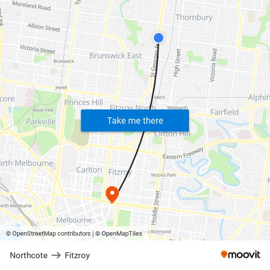 Northcote to Fitzroy map