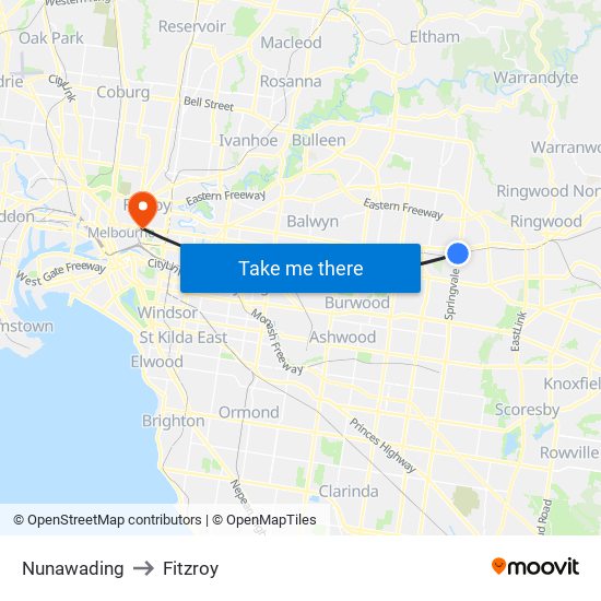 Nunawading to Fitzroy map