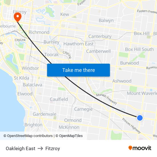 Oakleigh East to Fitzroy map