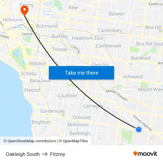 Oakleigh South to Fitzroy map