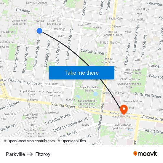 Parkville to Fitzroy map