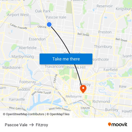 Pascoe Vale to Fitzroy map