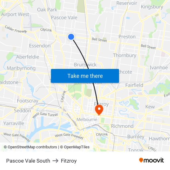 Pascoe Vale South to Fitzroy map