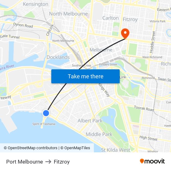 Port Melbourne to Fitzroy map