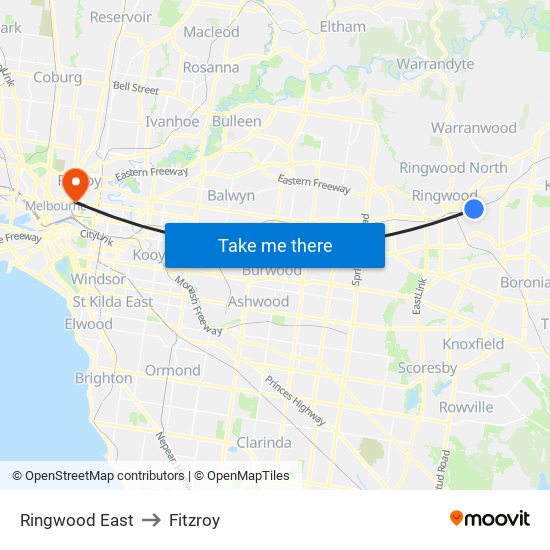 Ringwood East to Fitzroy map