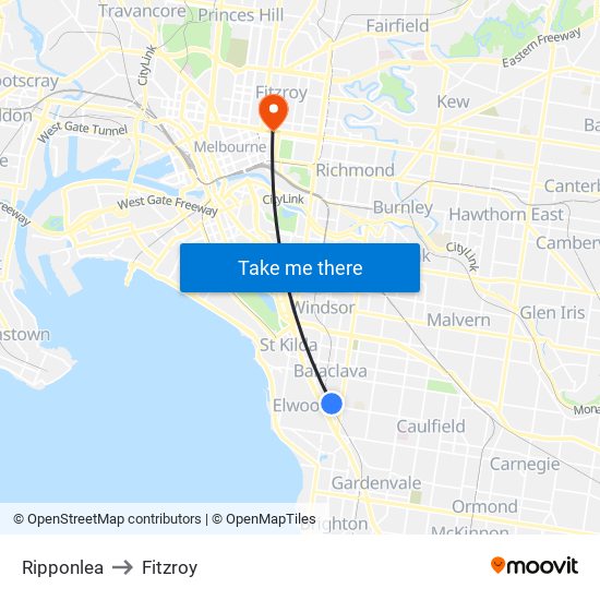 Ripponlea to Fitzroy map