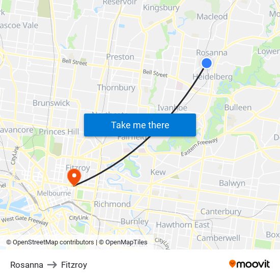 Rosanna to Fitzroy map